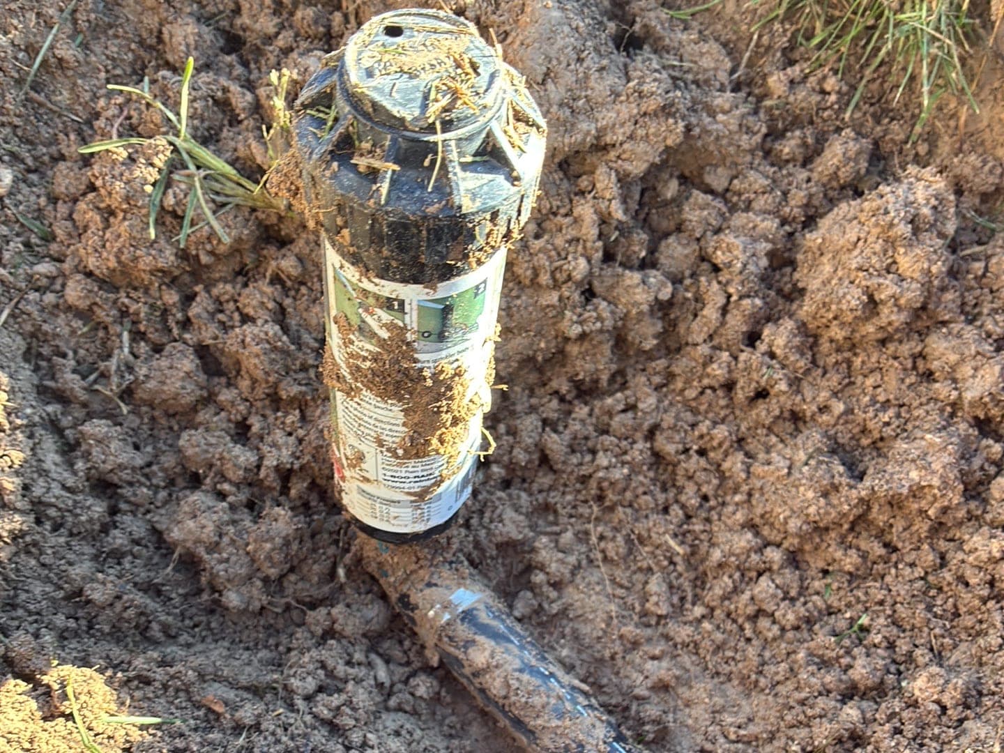 A pop-up sprinkler head dug out of the dirt with its cracked feed pipe showing